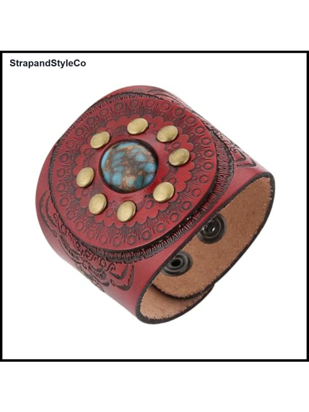 Vintage Turquoise Leather Cuff Bracelet Sunflower Embossed Biker Punk